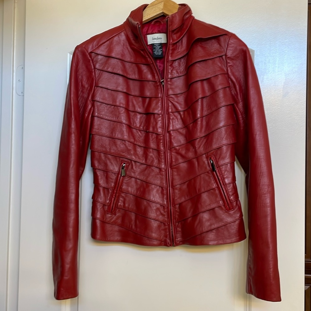 Stylish, classy, red leather  jacket.